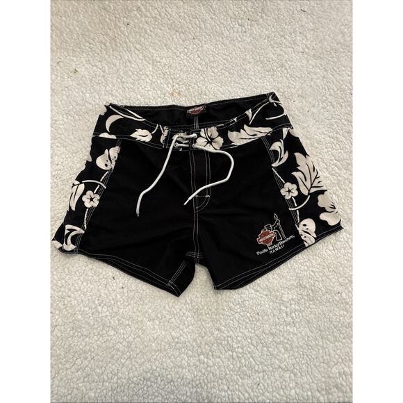 Harley-Davidson Honolulu board shorts black and white floral pattern Size 13 - Picture 1 of 7
